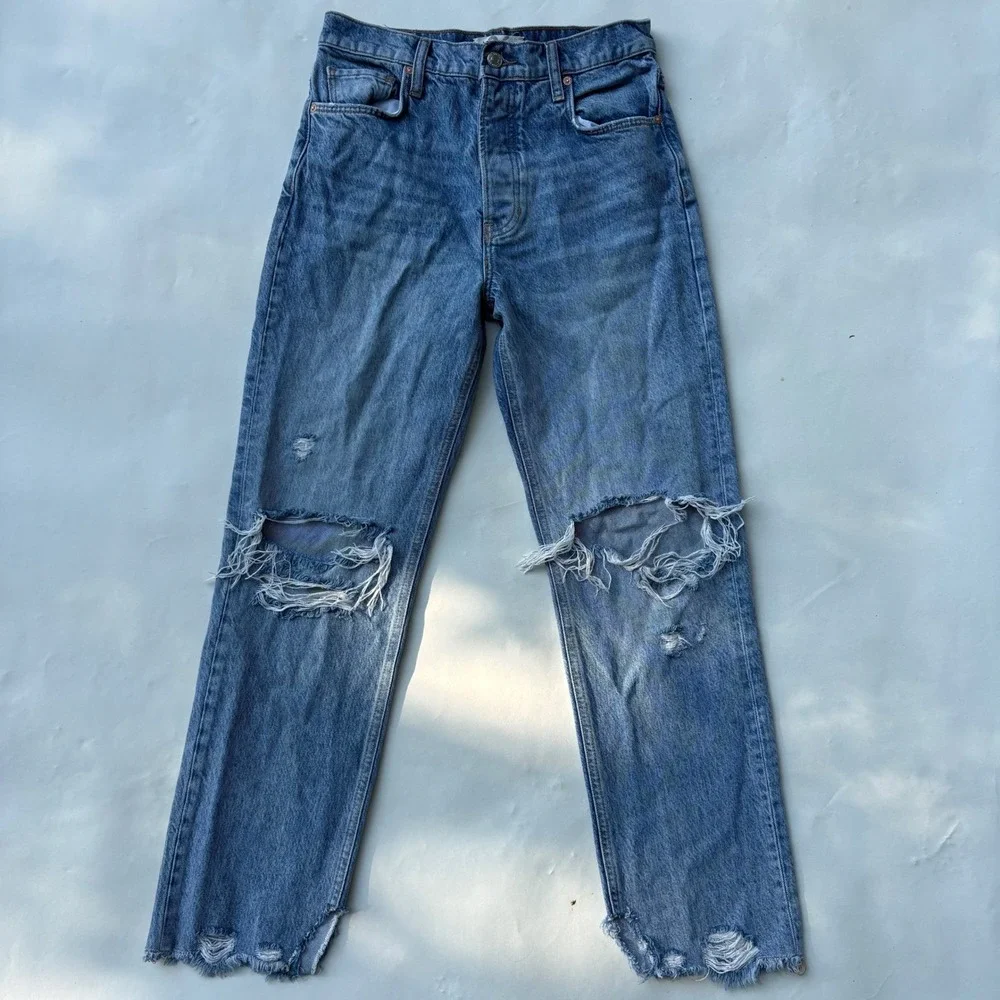 We The Free Free People High Rise Distressed Straight Leg Jeans Blue 26